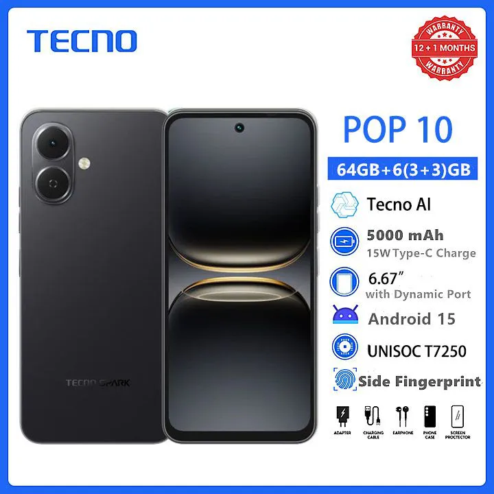 [New Arrivals] TECNO POP 10 64GB + 6(3+3)GB 4G Network 6.67" 120Hz Hole Screen Dual Speakers IP64 Waterproof 13MP 5000mAh 15W Type-C Android 15 Dual SIM Phone Side Fingerprint Unlock phones