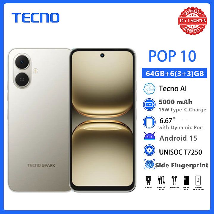 [New Arrivals] TECNO POP 10 64GB + 6(3+3)GB 4G Network 6.67" 120Hz Hole Screen Dual Speakers IP64 Waterproof 13MP 5000mAh 15W Type-C Android 15 Dual SIM Phone Side Fingerprint Unlock phones