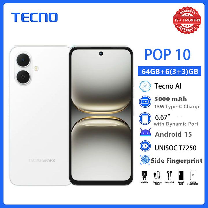 [New Arrivals] TECNO POP 10 64GB + 6(3+3)GB 4G Network 6.67" 120Hz Hole Screen Dual Speakers IP64 Waterproof 13MP 5000mAh 15W Type-C Android 15 Dual SIM Phone Side Fingerprint Unlock phones