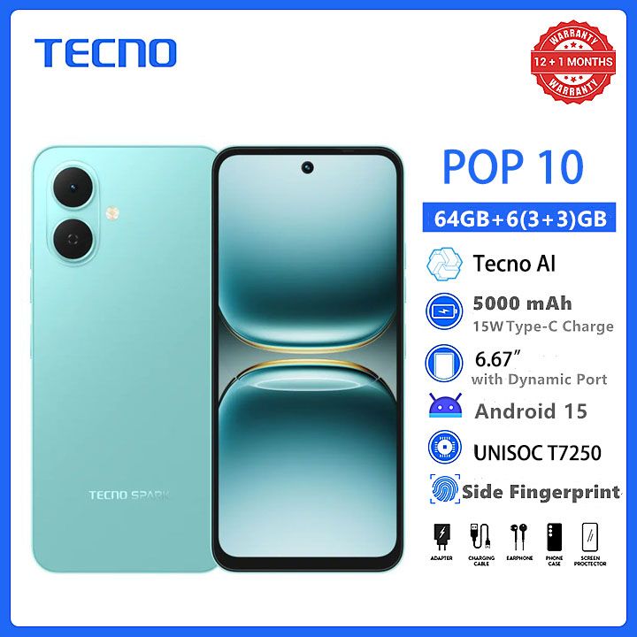[New Arrivals] TECNO POP 10 64GB + 6(3+3)GB 4G Network 6.67" 120Hz Hole Screen Dual Speakers IP64 Waterproof 13MP 5000mAh 15W Type-C Android 15 Dual SIM Phone Side Fingerprint Unlock phones