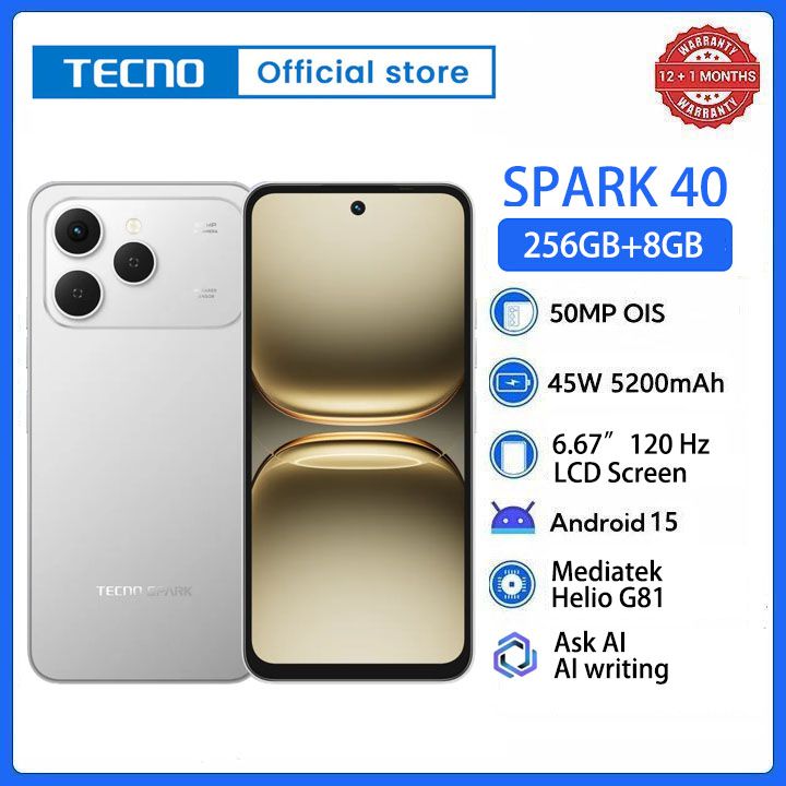 [New Arrivals] TECNO SPARK 40 256GB +16(8+8)GB 6.67" 120Hz Phone Dynamic Port 50MP Dual Speaker 5200mAh 45W Type-C Dual SIM 4G Side Fingerprint IP64 Smart AI Phones