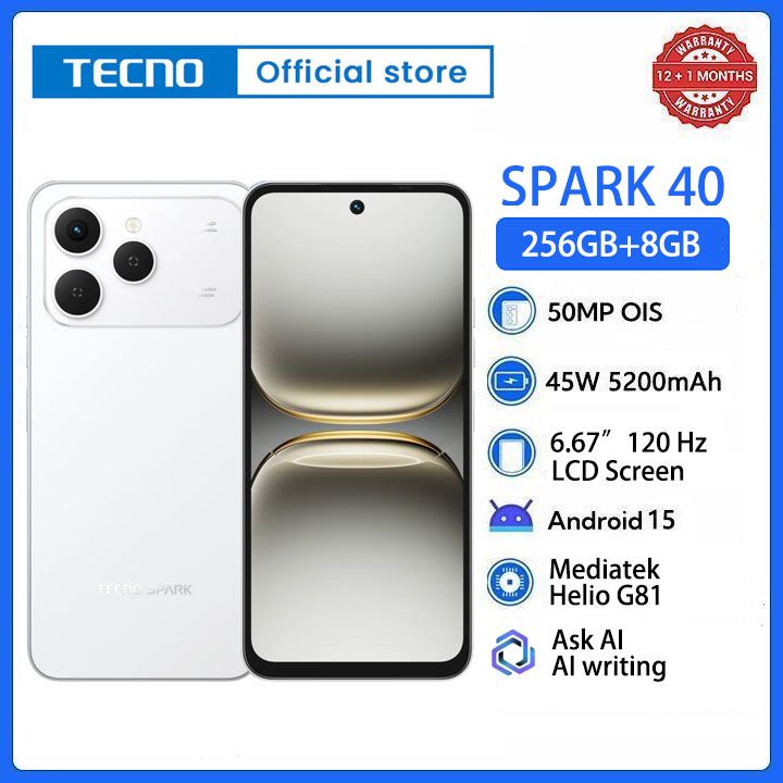 [New Arrivals] TECNO SPARK 40 256GB +16(8+8)GB 6.67" 120Hz Phone Dynamic Port 50MP Dual Speaker 5200mAh 45W Type-C Dual SIM 4G Side Fingerprint IP64 Smart AI Phones
