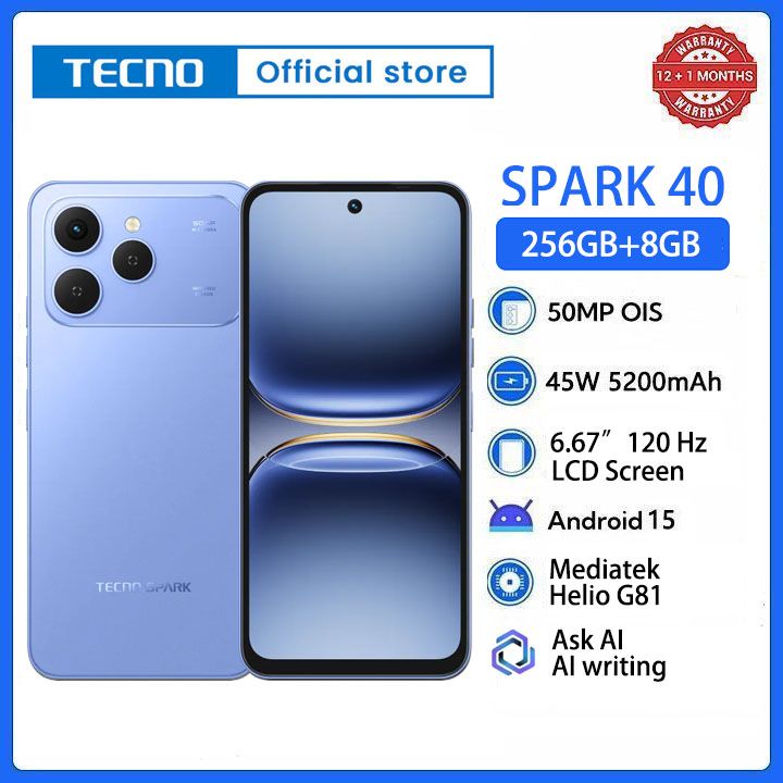 [New Arrivals] TECNO SPARK 40 256GB +16(8+8)GB 6.67" 120Hz Phone Dynamic Port 50MP Dual Speaker 5200mAh 45W Type-C Dual SIM 4G Side Fingerprint IP64 Smart AI Phones