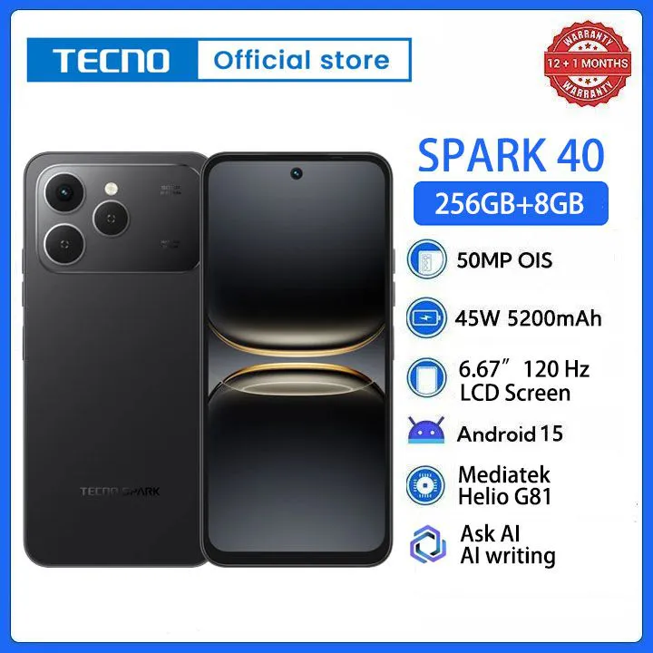 [New Arrivals] TECNO SPARK 40 256GB +16(8+8)GB 6.67" 120Hz Phone Dynamic Port 50MP Dual Speaker 5200mAh 45W Type-C Dual SIM 4G Side Fingerprint IP64 Smart AI Phones