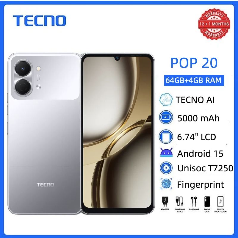 TECNO POP 20 64GB + 8(4+4)GB 4G Network 6.75" 120Hz Hole Screen Dual Speakers IP64 Waterproof 13MP 5000mAh 15W Type-C Android 15 Dual SIM Phone Side Fingerprint Unlock phones