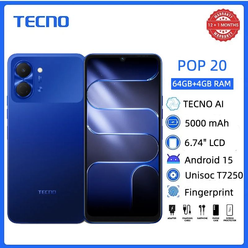 TECNO POP 20 64GB + 8(4+4)GB 4G Network 6.75" 120Hz Hole Screen Dual Speakers IP64 Waterproof 13MP 5000mAh 15W Type-C Android 15 Dual SIM Phone Side Fingerprint Unlock phones