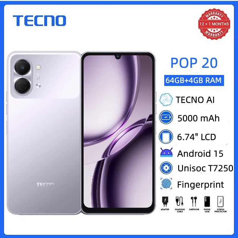 TECNO POP 20 64GB + 8(4+4)GB 4G Network 6.75" 120Hz Hole Screen Dual Speakers IP64 Waterproof 13MP 5000mAh 15W Type-C Android 15 Dual SIM Phone Side Fingerprint Unlock phones