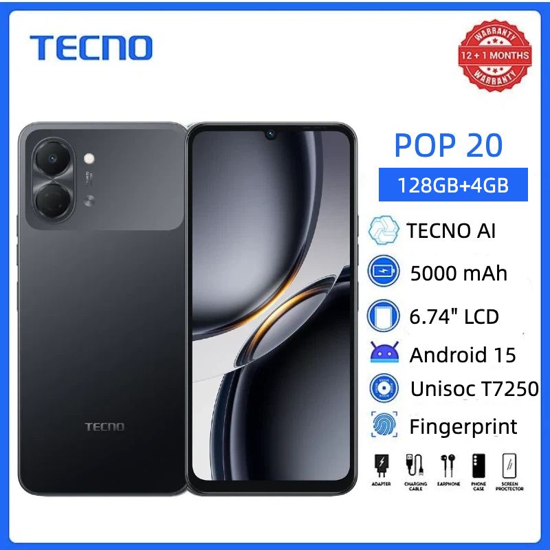 TECNO POP 20 128GB + 8(4+4)GB 4G Network 6.75" 120Hz Hole Screen Dual Speakers IP64 Waterproof 13MP 5000mAh 15W Type-C Android 15 Dual SIM Phone Side Fingerprint Unlock phones