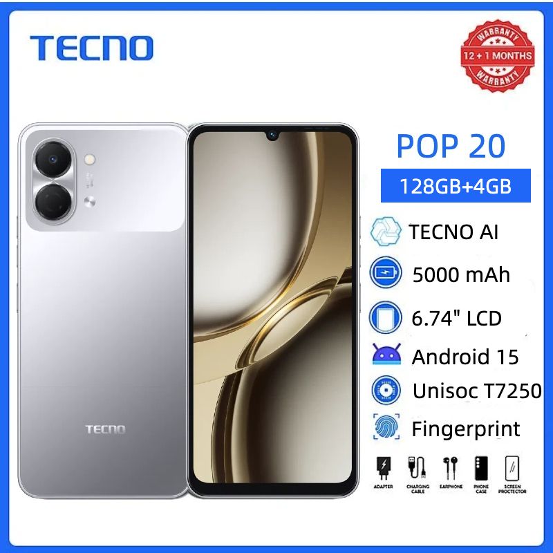 TECNO POP 20 128GB + 8(4+4)GB 4G Network 6.75" 120Hz Hole Screen Dual Speakers IP64 Waterproof 13MP 5000mAh 15W Type-C Android 15 Dual SIM Phone Side Fingerprint Unlock phones