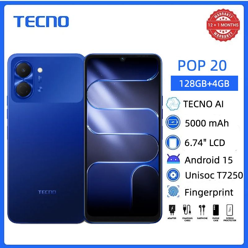 TECNO POP 20 128GB + 8(4+4)GB 4G Network 6.75" 120Hz Hole Screen Dual Speakers IP64 Waterproof 13MP 5000mAh 15W Type-C Android 15 Dual SIM Phone Side Fingerprint Unlock phones