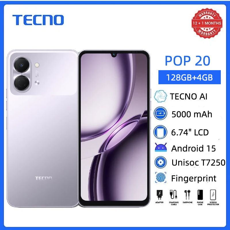 TECNO POP 20 128GB + 8(4+4)GB 4G Network 6.75" 120Hz Hole Screen Dual Speakers IP64 Waterproof 13MP 5000mAh 15W Type-C Android 15 Dual SIM Phone Side Fingerprint Unlock phones