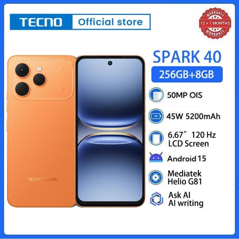 TECNO SPARK 40 256GB +16(8+8)GB 6.67" 120Hz Phone Dynamic Port 50MP Dual Speaker 5200mAh 45W Type-C Dual SIM 4G Side Fingerprint IP64 Smart AI Phones