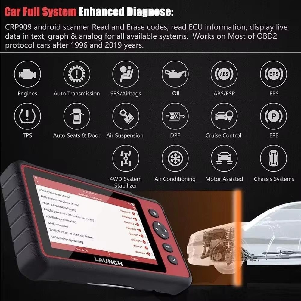 LAUNCH X431 CRP909E OBD2 Car Full System Diagnostic Tool Code Reader Scanner with 28 Reset Service Update Online