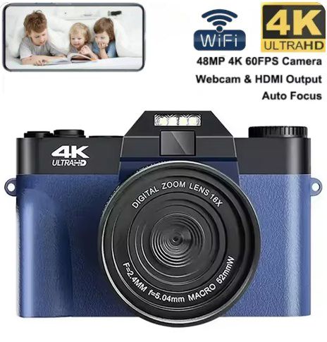 4K Digital Camera For Photography and Video Auto focus Anti-Shake 48MP Compact Vlogging Camera 3' '180°Flip Screen with Flash