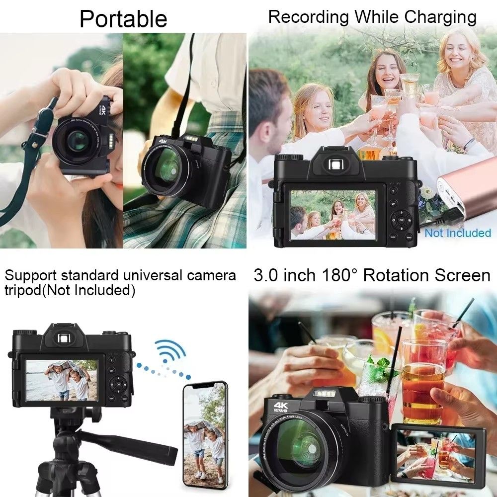4K Digital Camera For Photography and Video Auto focus Anti-Shake 48MP Compact Vlogging Camera 3' '180°Flip Screen with Flash