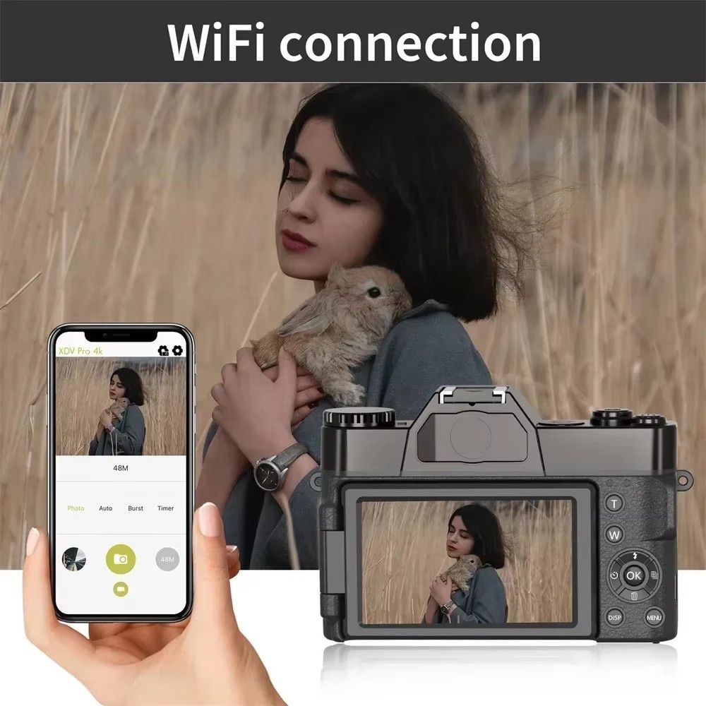 4K Digital Camera For Photography and Video Auto focus Anti-Shake 48MP Compact Vlogging Camera 3' '180°Flip Screen with Flash