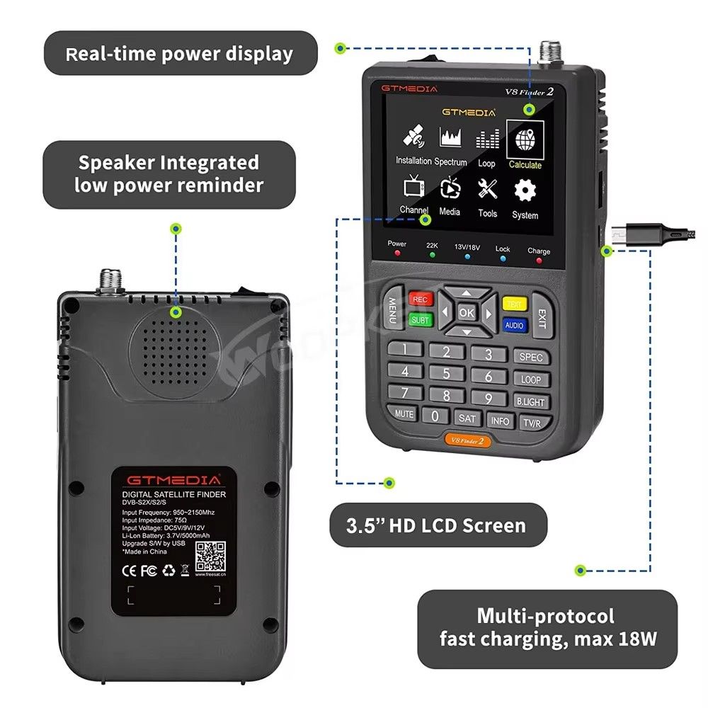 V8 Finder2 DVB-S2 1080P Satellite Finder Digital FTA DVB-S/S2/ S2X Signal Detector Receiver LCD Screen