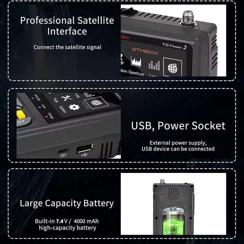 V8 Finder2 DVB-S2 1080P Satellite Finder Digital FTA DVB-S/S2/ S2X Signal Detector Receiver LCD Screen