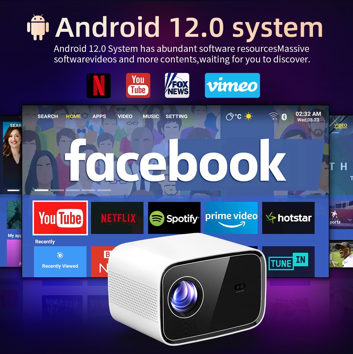 Android 4K Projector 1GB+32GB Video Home Theater AutoFocus Wireless Screen Mirroring WiFi Bluetooth Portable Projector Support PC Laptop Phone