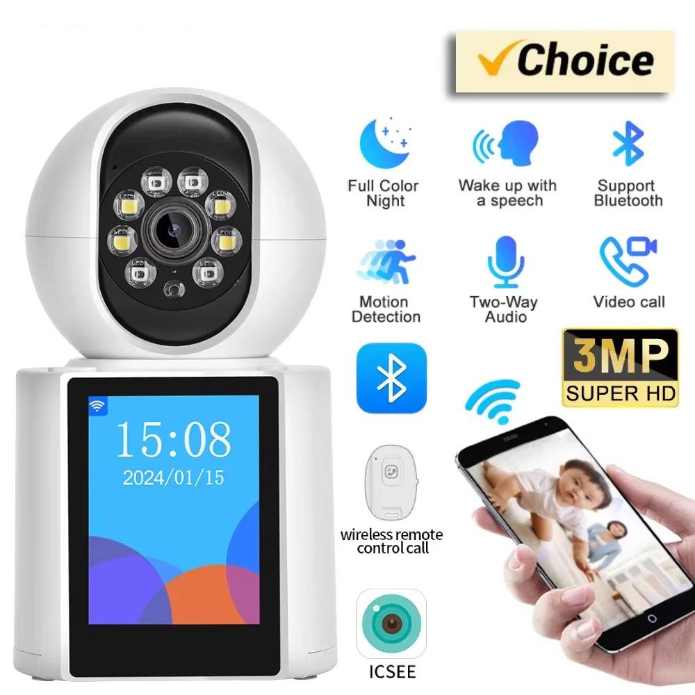 3MP WiFi Camera 2.8 inch IPS Screen WIFI Video Call Camera Baby Monitor 2-Way Audio PTZ Auto Tracking ICSEE Security Protection