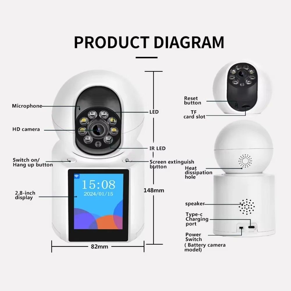 3MP WiFi Camera 2.8 inch IPS Screen WIFI Video Call Camera Baby Monitor 2-Way Audio PTZ Auto Tracking ICSEE Security Protection