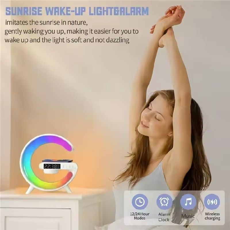 Atmosphere Goodnight Light Wireless Charger Speaker Clock 6 Lighting Modes for iPhone 15 14 13 Samsung Fast Charging Station