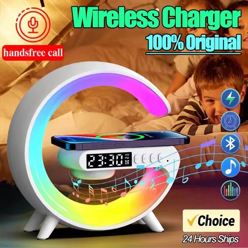 Atmosphere Goodnight Light Wireless Charger Speaker Clock 6 Lighting Modes for iPhone 15 14 13 Samsung Fast Charging Station