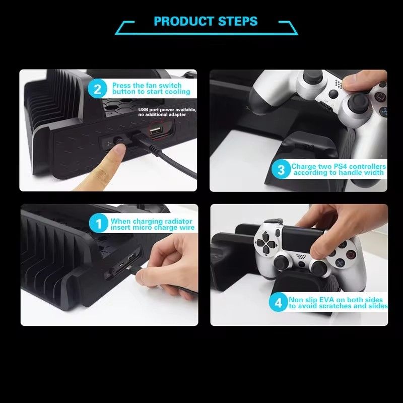 For PS4/PS4 Slim/PS4 Pro Vertical Stand Cooling Fan Dual Controller Charger Console Charging Dock Station For Playstation 4
