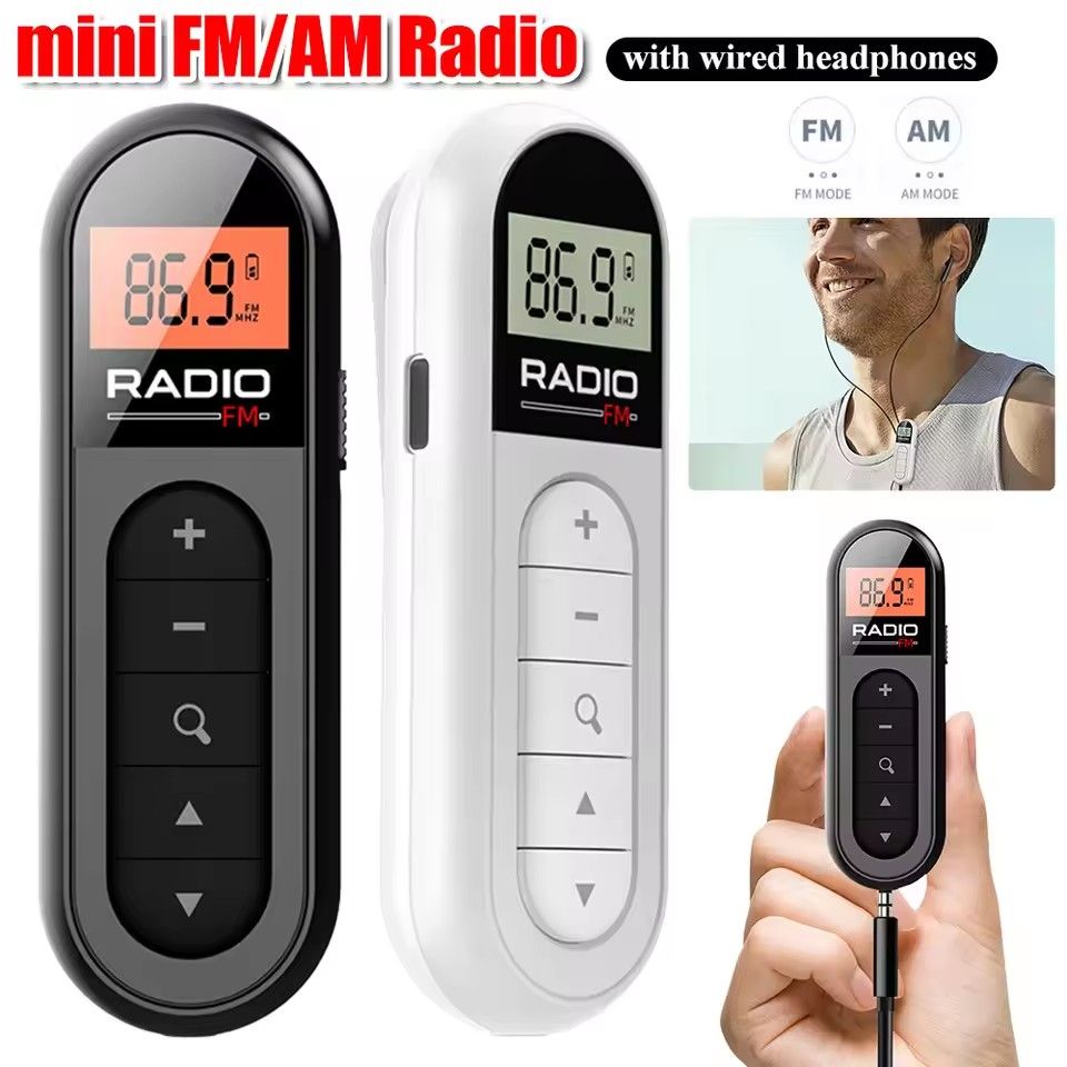 FM Radio Backlight LCD Display Mini Pocket Clip Radio with 3.5mm Headphones Personal Walkman Radio for Walk Jogging Camping