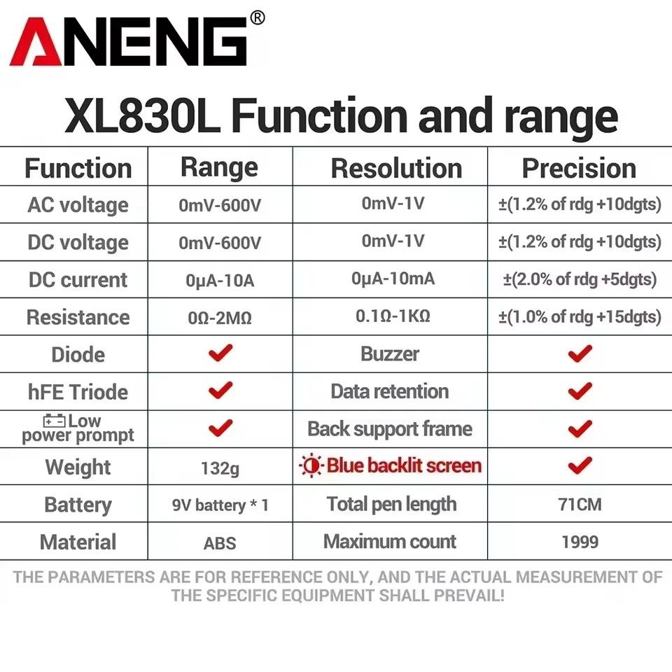 ANENG XL830L Smart Multimeters Handheld 1999 Counts Multi-range AC/DC Ammeter Voltmeter Ohm Voltage Multimetro Tester Tools