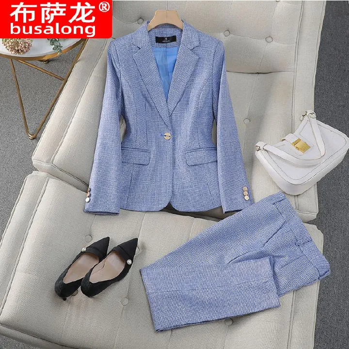 Houndstooth Women's Soft Comfortable Shiny Pant Suit with Full Sleeve Blazer Breeches Trouser OEM Office Lady Fashion Slim Keep