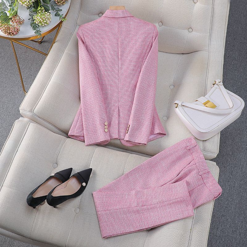Houndstooth Women's Soft Comfortable Shiny Pant Suit with Full Sleeve Blazer Breeches Trouser OEM Office Lady Fashion Slim Keep