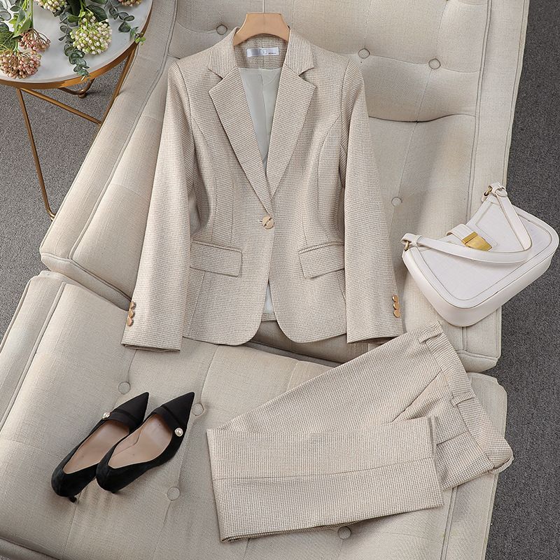 Houndstooth Women's Soft Comfortable Shiny Pant Suit with Full Sleeve Blazer Breeches Trouser OEM Office Lady Fashion Slim Keep