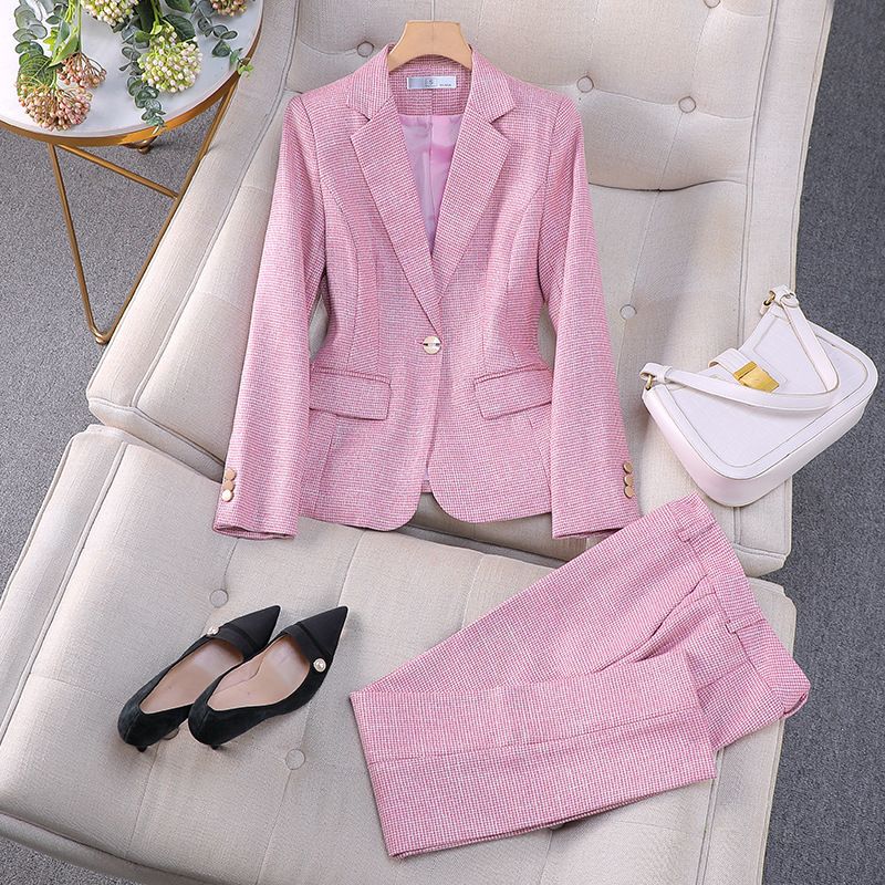 Houndstooth Women's Soft Comfortable Shiny Pant Suit with Full Sleeve Blazer Breeches Trouser OEM Office Lady Fashion Slim Keep