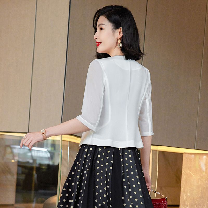 OEM Custom made Korean style button half sleeve white collar women coat jacket office ladies suit