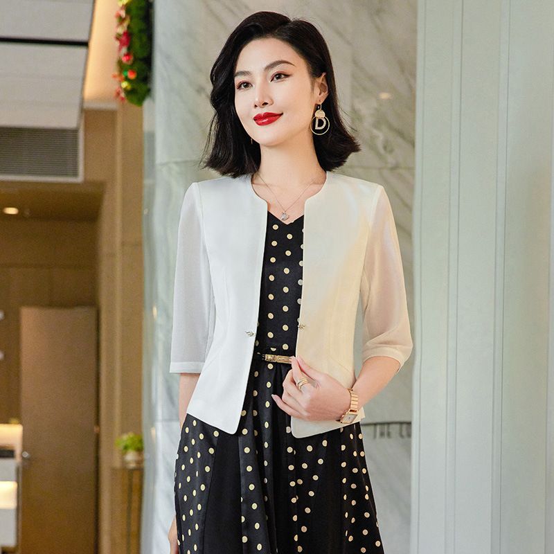OEM Custom made Korean style button half sleeve white collar women coat jacket office ladies suit