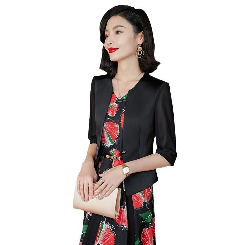 OEM Custom made Korean style button half sleeve white collar women coat jacket office ladies suit