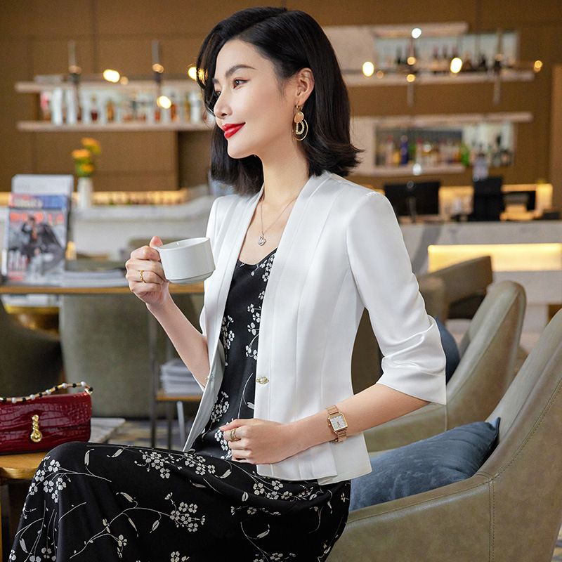 Pink Short Jacket for Women Spring/Summer Lightweight Seven-Quarter Sleeve Collarless Suit Elegant Casual Top