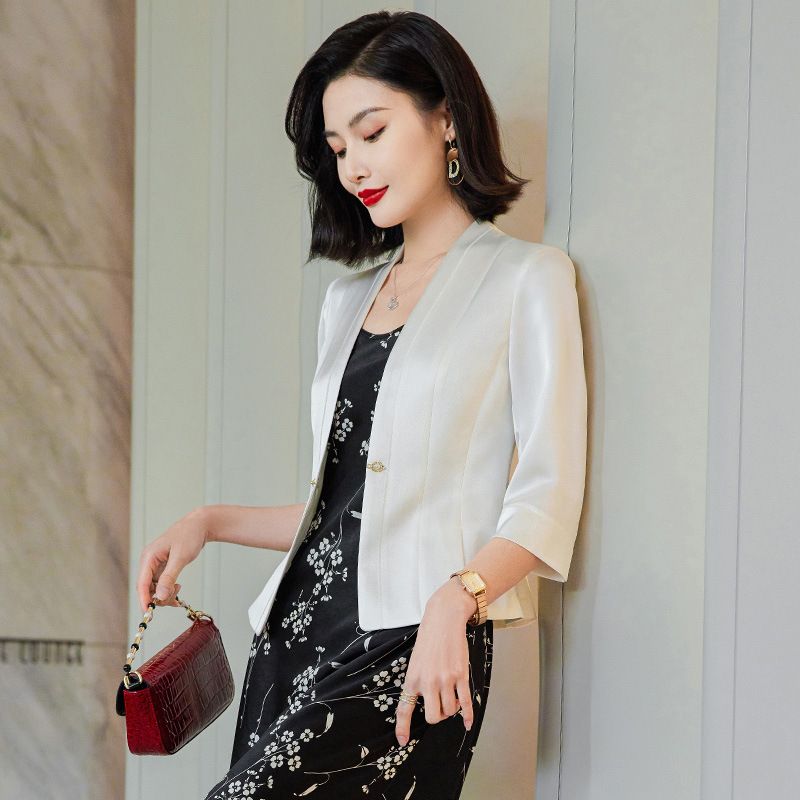 Pink Short Jacket for Women Spring/Summer Lightweight Seven-Quarter Sleeve Collarless Suit Elegant Casual Top