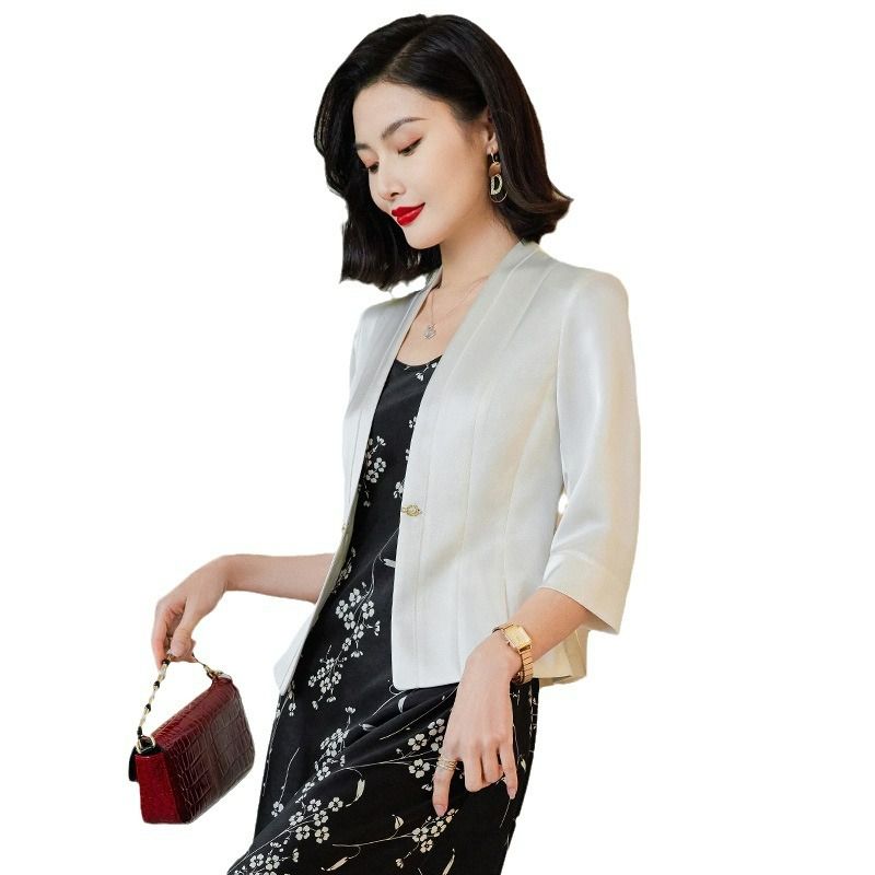 Pink Short Jacket for Women Spring/Summer Lightweight Seven-Quarter Sleeve Collarless Suit Elegant Casual Top