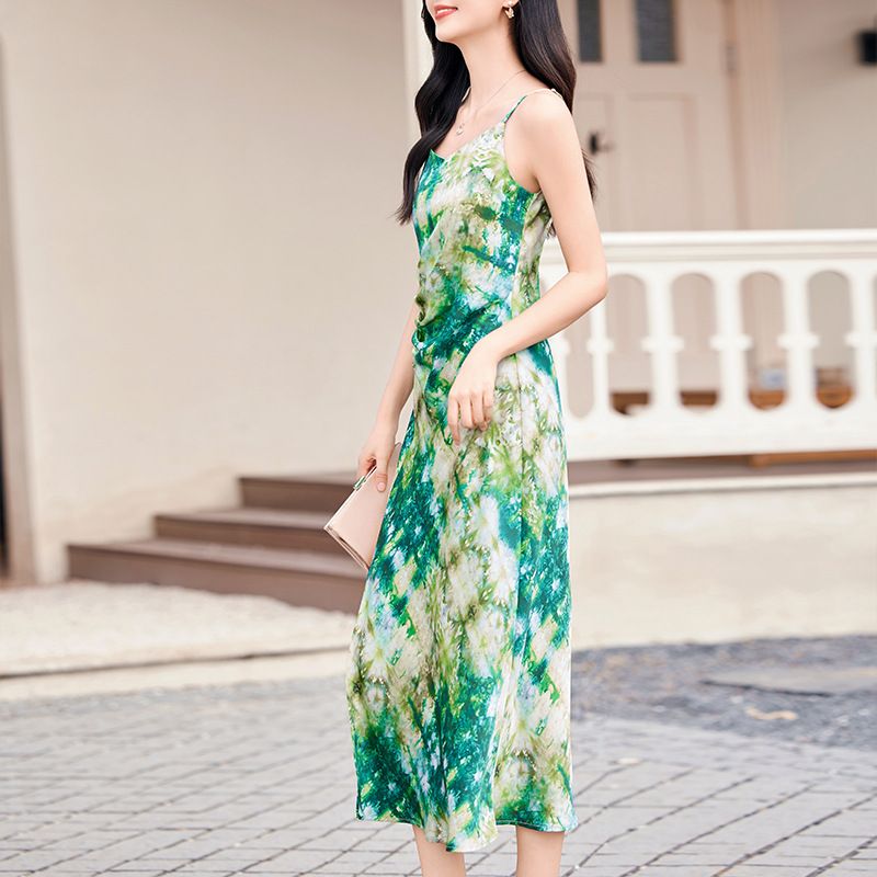 summer sexy women's new midi dress slim sleeveless tube top dress fashion high waist tie-dye suspender dress
