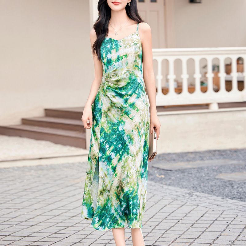 summer sexy women's new midi dress slim sleeveless tube top dress fashion high waist tie-dye suspender dress
