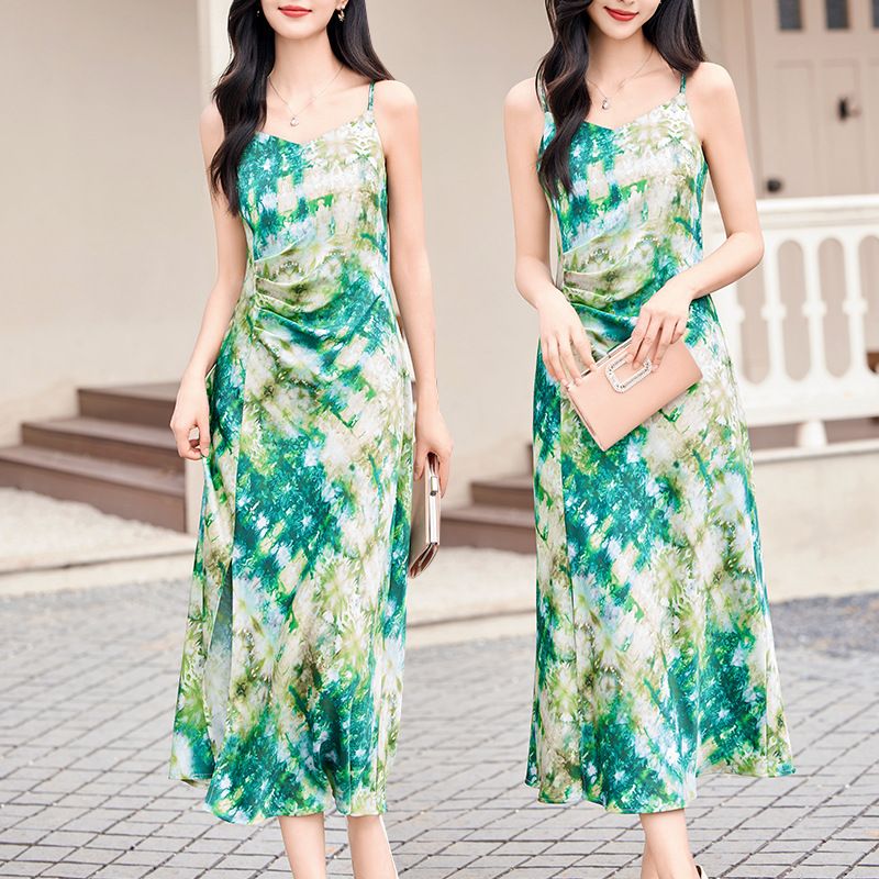 summer sexy women's new midi dress slim sleeveless tube top dress fashion high waist tie-dye suspender dress