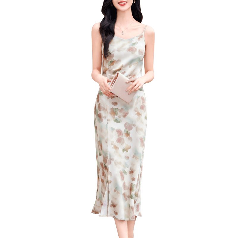 Europe and the United States women's  summer new French light cooked wind backless sleeveless thin long printed halter dress