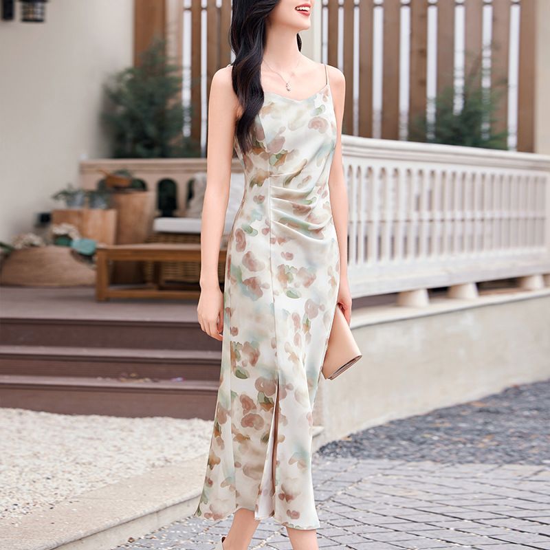 Europe and the United States women's  summer new French light cooked wind backless sleeveless thin long printed halter dress