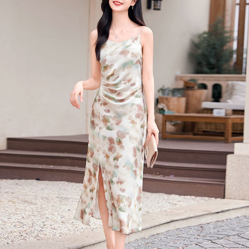 Europe and the United States women's  summer new French light cooked wind backless sleeveless thin long printed halter dress