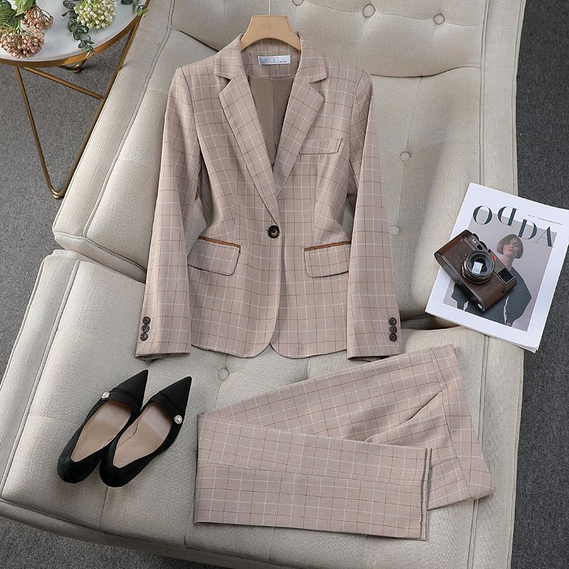 Women's business checkered suit set, British style, elegant and fashionable, high-end professional suit, work pants