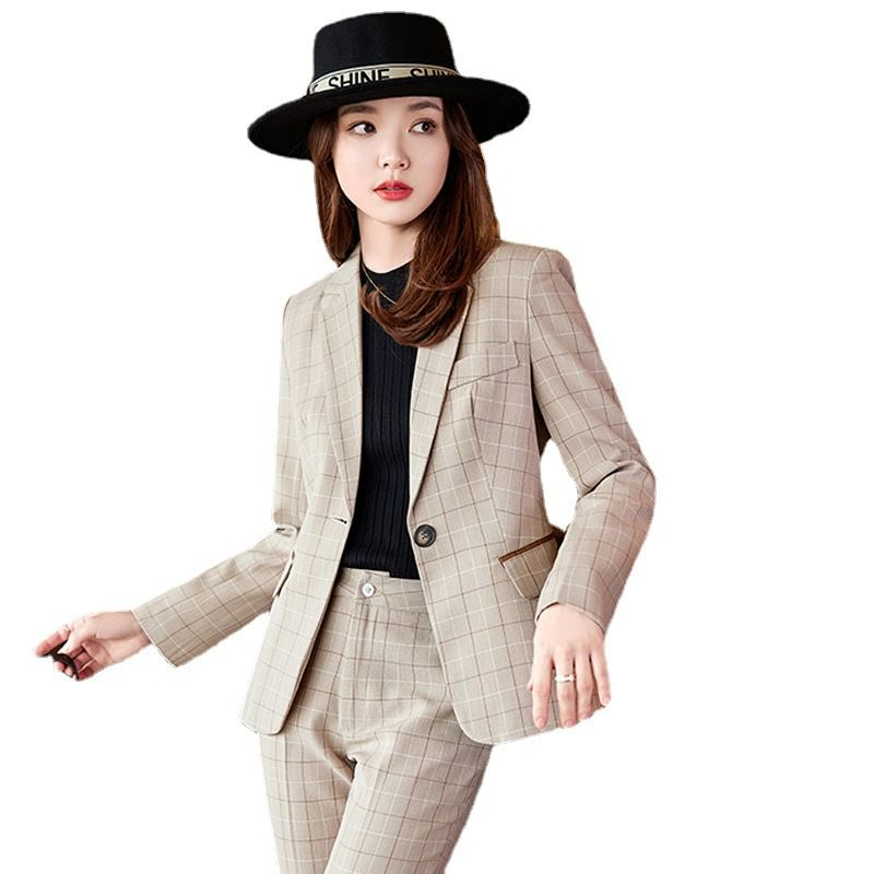 Women's business checkered suit set, British style, elegant and fashionable, high-end professional suit, work pants