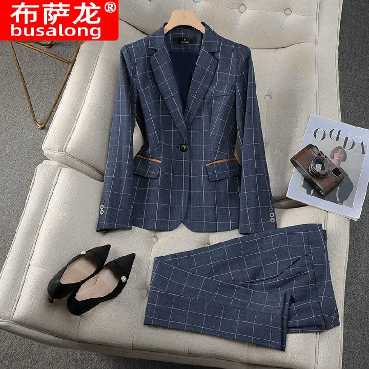 Women's business checkered suit set, British style, elegant and fashionable, high-end professional suit, work pants