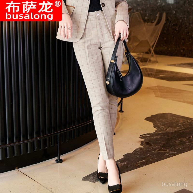 Women's business checkered suit set, British style, elegant and fashionable, high-end professional suit, work pants